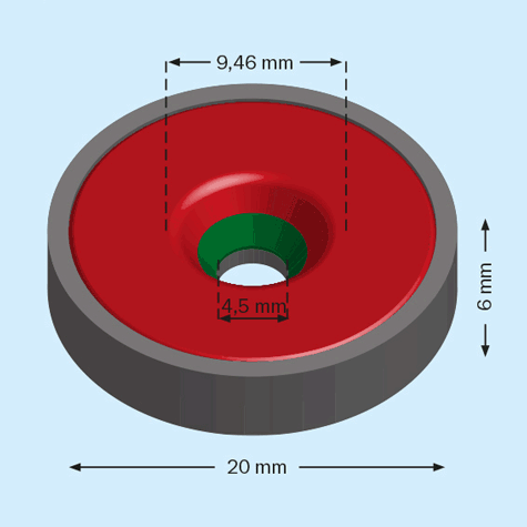 legatoria Magnete con foro svasato, 20mm NICHELATO, in metallo, con magnete al neodimio N42. Diametro: 20mm, altezza: 6mm, larghezza foro: 4.5-9.46mm (forza di attrazione:11kg).