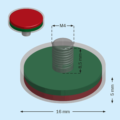 legatoria Magnete con vite, 16mm NICHELATO, in metallo, con magnete al neodimio N42. Diametro: 16mm, altezza: 13.5mm (forza di attrazione:8000g).
