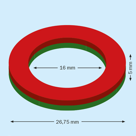 legatoria Rondella magnetica, diametro 26,75mm Diametro esterno 26.75mm. Diametro interno 16mm. Spessore 5 mm. Magnete al Neodimio, grado magnetico N42  (forza di attrazione:11kg).