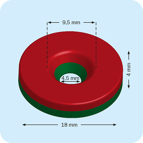 legatoria Magnete con foro svasato, 18mm NICHELATO, in metallo, con magnete al neodimio N35. Diametro: 18mm, altezza: 4mm, larghezza foro: 4.5-9.5mm (forza di attrazione:4000g).