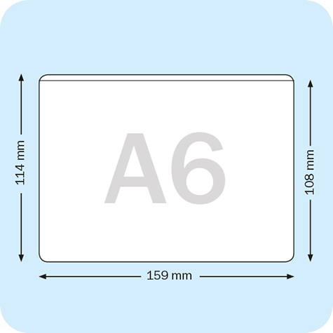 legatoria Busta a U. A6 orizzontale TRASPARENTE, in polipropilene da 180 micron, aperta sul lato lungo, formato A6 (105x148mm), . Formato esterno: 114x160mm.