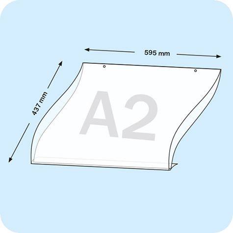 legatoria Porta cartello A2 orizzontale appendibile SEMITRASPARENTE, con 2 FORI PER APPENSIONE (5mm), formato A2 (420x596mm). In PVC rigido da 400 micron antiriflesso.