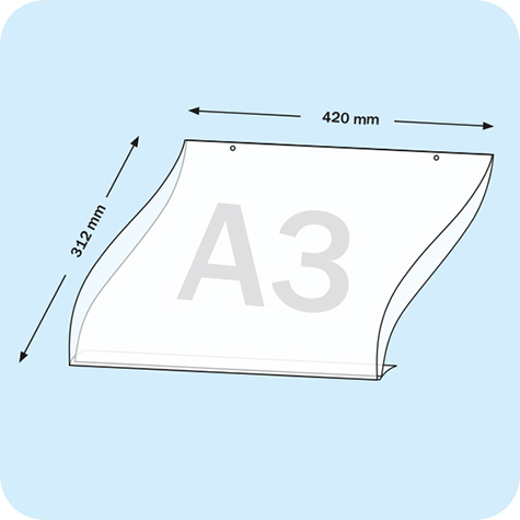 legatoria Porta cartello A3 orizzontale appendibile SEMITRASPARENTE, con 2 FORI PER APPENSIONE (5mm), formato A3 (298x421mm) aperto su due lati. In PVC rigido da 400 micron antiriflesso.