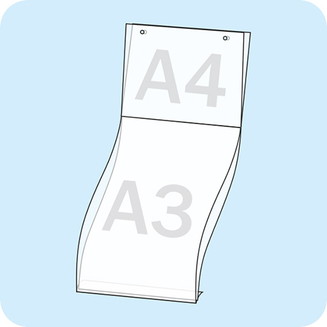 legatoria Porta cartelli A3-A4 appendibile SEMITRASPARENTE, con 2 FORI PER APPENSIONE (5mm) per inserire verticalmente formati A3 (297x437mm) e orrizontalmente formati A4 (210x297mm). In PVC rigido da 400 micron.