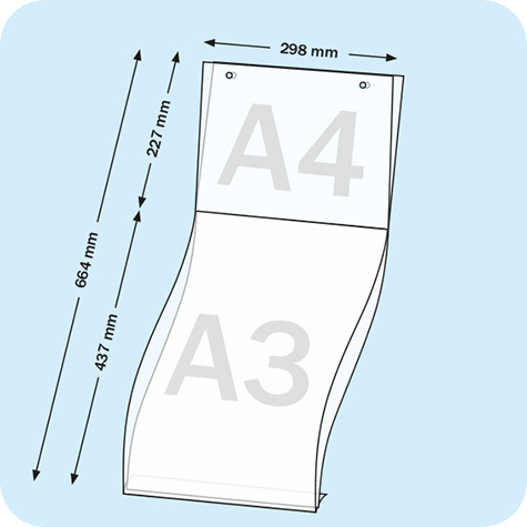 legatoria Porta cartelli A3-A4 appendibile SEMITRASPARENTE, con 2 FORI PER APPENSIONE (5mm) per inserire verticalmente formati A3 (297x437mm) e orrizontalmente formati A4 (210x297mm). In PVC rigido da 400 micron.