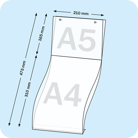 legatoria Porta cartelli A4-A5 appendibile SEMITRASPARENTE, con 2 FORI PER APPENSIONE (5mm), per inserire verticalmente formati A4 (210x297mm) e orrizontalmente formati A5 (210x165mm). In PVC rigido da 400 micron.