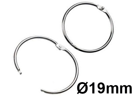 legatoria Anello apribile metallo NICHELATO 19mm NICHELATO. Diametro interno: 19mm, diametro esterno 23,7mm, spessore filo: 2,35mm.