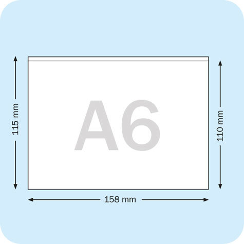 legatoria Busta autoadesiva A6 (105x148mm) in vinile trasparente (colla acrilica trasparente), apertura sul lato lungo.