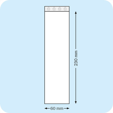 legatoria Sacchetti richiudibili (minigrip), 60x230mm TRASPARENTE, in polietilene da 50 micron, aperti sul lato corto, con zip di chiusura.