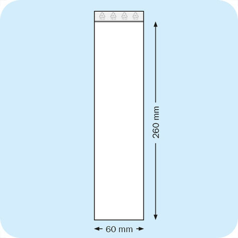 legatoria Sacchetti richiudibili (minigrip), 60x260mm TRASPARENTE, in polietilene da 50 micron, aperti sul lato corto, con zip di chiusura.