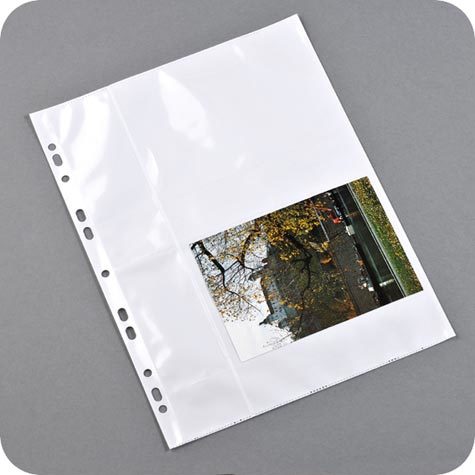 legatoria Buste portafoto 10x15cm TRASPARENTE, formato A4, a perforazione universale, per archiviare 4 foto (2 davanti e 2 dietro) in orizzontale.