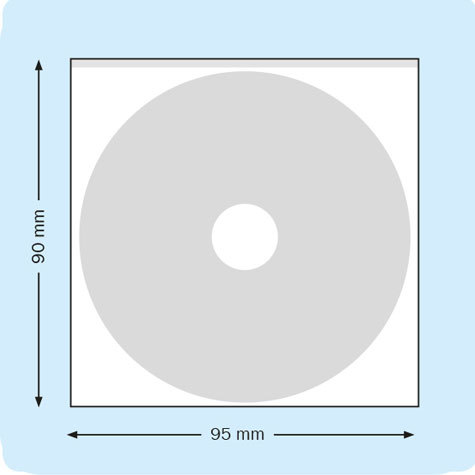 legatoria Busta autoadesiva porta CD TRASPARENTE, 95x90mm, adatta per mini CD, senza patella di chiusura, apertura sul lato lungo, forma quadrangolare.