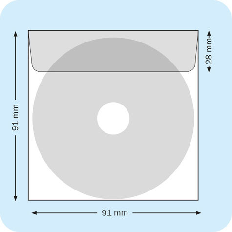 legatoria Busta autoadesiva porta CD TRASPARENTE, 91x91mm, adatta per mini CD, con patella di chiusura, forma quadrangolare.
