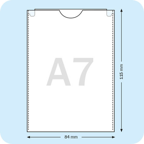 legatoria Busta a U. A7 TRASPARENTE, In polipropilene da 120 micron, aperta sul lato corto, formato A7 (74x105mm), con invito a mezzaluna per facilitarne lapertura, formato esterno: 84x115mm.