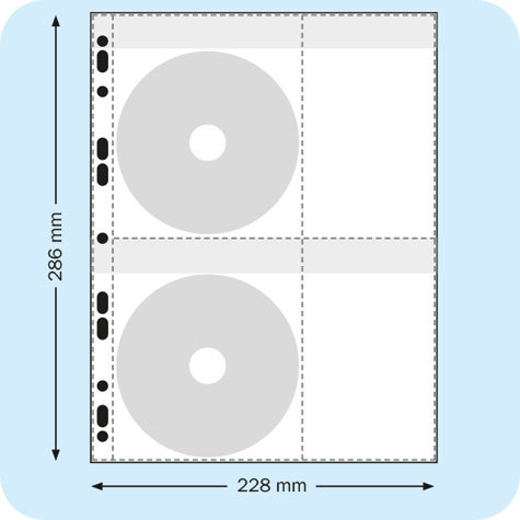 legatoria Busta perforate porta CD TRASPARENTE, 228x287mm, con perforazione universale, fori passo 8mm, accanto agli alloggiamenti per i CD ci sono due tasche per contenere appunti di misura 83x142mm.