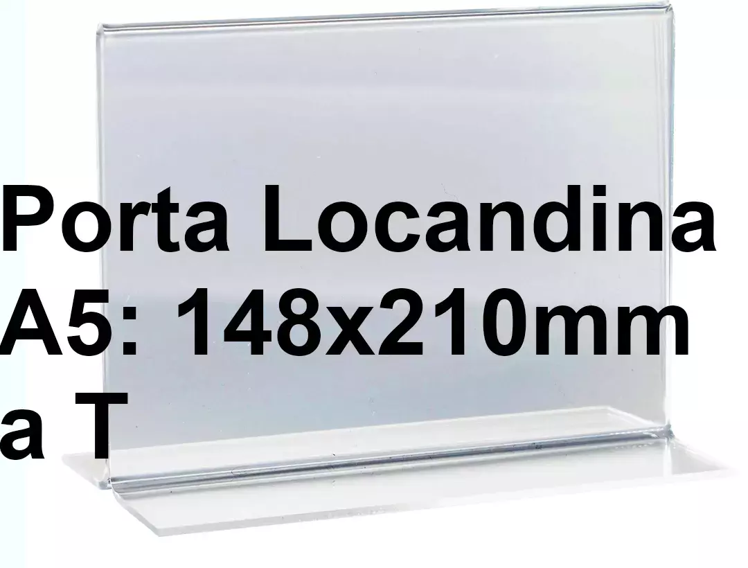 legatoria PortaLocandinaPlexiglass, DaTavoloBifacciale, A5orizzontale, 148x210mm PortaCartello TRASPARENTE, in Plexiglass da 1,5mm, formato A5 (149x211mm) a disposizione orizzontale, base a T larga 62mm. La disposizione perfettamente orizzontale consente di inserire un depliant visibile su entrambi i lati. Ideale per ogni tipo di comunicazione     .