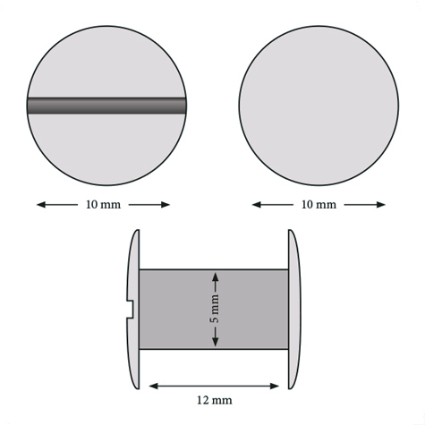legatoria Viti sepolte rilegatura verniciate, 12mm NERO, in metallo verniciato, lunghezza mm 12. Testa diametro 10mm, tubetto diametro 5mm, una testa fissa ed una mobile. Per lunghezza, si intende la distanza INTERNA tra le due teste, che corrisponde allo spessore del volume da rilegare.