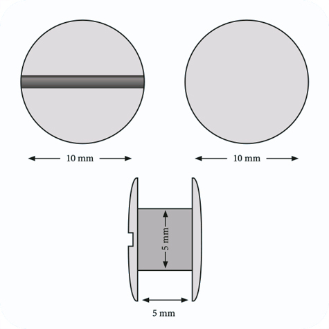legatoria Viti sepolte rilegatura verniciate, 5mm NERO, in metallo verniciato, lunghezza mm 5. Testa diametro 10mm, tubetto diametro 5mm, una testa fissa ed una mobile. Per lunghezza, si intende la distanza INTERNA tra le due teste, che corrisponde allo spessore del volume da rilegare.