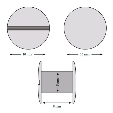 legatoria Viti sepolte rilegatura verniciate, 8mm NERO, in metallo verniciato, lunghezza mm 8. Testa diametro 10mm, tubetto diametro 5mm, una testa fissa ed una mobile. Per lunghezza, si intende la distanza INTERNA tra le due teste, che corrisponde allo spessore del volume da rilegare.
