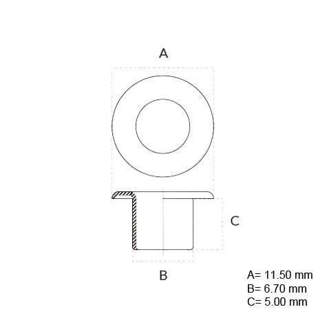 legatoria Occhiello metallico 050, per fori diametro 6.7 mm. altezza 5 mm NICHELATO, testa diametro 11,5 mm.