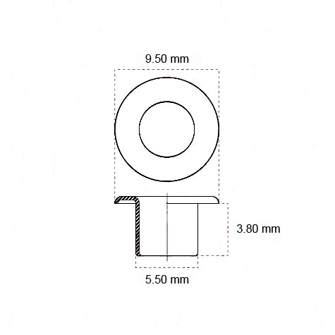 legatoria Occhiello metallico per fori diametro 5.5 mm. altezza 3.8mm NICHELATO, testa diametro 9,5 mm, altezza 3,8 mm.