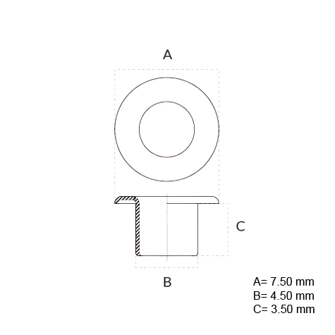 legatoria Occhiello metallico NICHELATO, altezza 3.5 mm Per fori diametro 4,5mm, testa diametro 7,5 mm.