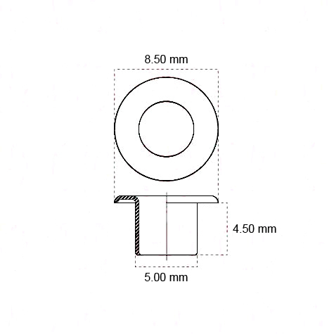legatoria Occhiello metallico testa piana per fori diametro 5 mm. altezza 4.5 mm NICHELATO, testa diametro 8,5 mm.