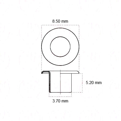 legatoria Occhiello metallico NICHELATO, altezza 5.2mm Per fori 3,7mm, testa diametro 8,5 mm, altezza 5,2 mm.