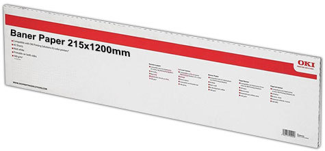 carta Cartoncino Banner Oki, 215x1200mm Bianco, formato 21,5x120cm (120x21,5cm), 170grammi x mq, Carta fotografica patinata lucida ad alta risoluzione per stampe digitali a colori.
