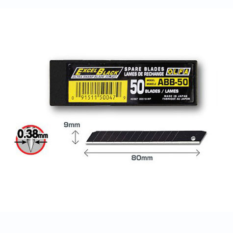 gbc Lama di ricambio brunita Olfa Excel Black ABB-50 Altezza 9mm, lunghezza 80mm, spessore 0,38mm. Lama ad alte performance Excel Black 25% pi tagliente. Usando il test di taglio carta Honda (ISO 8442.5) la lama ABB permette almeno un 20% in pi di tagli rispetto ad una lama standard. Fornito in scatola contenente 50 lamette con 12 settori tranciabili. Compatibile con cutter 180BLACK, 180-BT-36, S, S-20, A, A-2, A-3, SVR-1, SVR-2, PA-2, 300, NA-1, SPC-1-40, A-5, XA-1, ES-1-green, DA-1, A-1. Prodotto originale giapponese, MADE IN JAPAN.