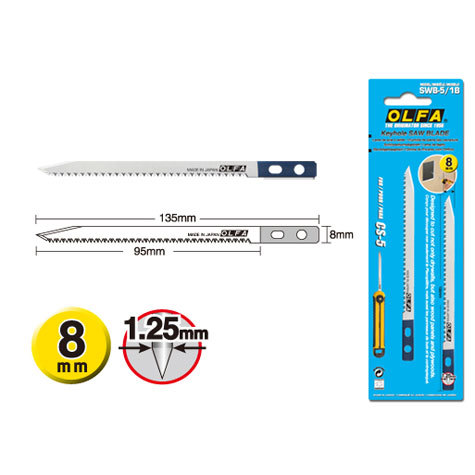 gbc Lama di ricambio Olfa SWB-5 a seghetto da 8 mm molto sottile per lavori di precisione, con denti bidirezionali e puntale affilato che permette di scavare un foro per cominciare il taglio, non solo su muri a secco ma anche su pannelli di legno e compensato. Lunghezza: 135mm, altezza: 8mm, spessore: 1,25mm. Compatibile con cutter CS-5. Prodotto originale giapponese. MADE IN JAPAN.
