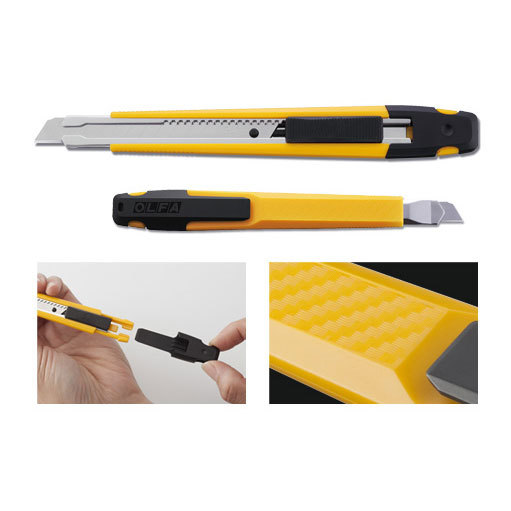 gbc Cutter Olfa A-1 cutter Standard-Duty per carta e cartoncino, pellami, pellicole di plastica, applicazioni di bricolage, decoupage, etc. Lunghezza: 143mm, altezza lama: 9mm. Corpo in metallo stampato e verniciato. Con cursore Auto-Lock e trancialama in plastica. Adatto a lamette ad angolo acuto SAB, DKB e standard AB, ABS, ABB. Prodotto originale giapponese, MADE IN JAPAN.