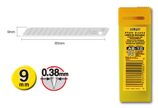 gbc Lama di ricambio Olfa AB-10 Altezza 9mm, lunghezza 80mm, spessore 0,38mm. Fornito in scatola contenente 10 lamette con 12 settori tranciabili. Compatibile con cutter 180BLACK, 180-BT-36, S, S-20, A, A-2, A-3, SVR-1, SVR-2, PA-2, 300, NA-1, SPC-1-40, A-5, XA-1, ES-1-green, DA-1, A-1. Prodotto originale giapponese, MADE IN JAPAN.