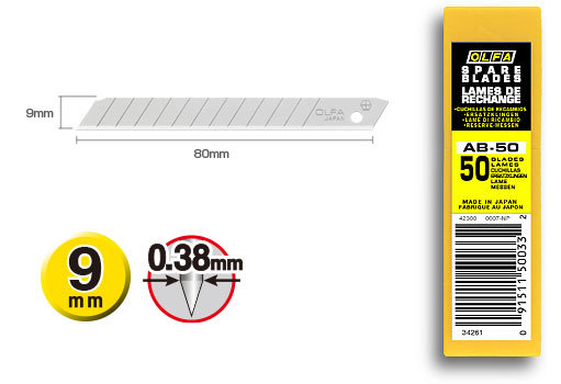 gbc Lama di ricambio Olfa AB-50 Altezza 9mm, lunghezza 80mm, spessore 0,38mm. Fornito in scatola contenente 50 lamette con 12 settori tranciabili. Compatibile con cutter 180BLACK, 180-BT-36, S, S-20, A, A-2, A-3, SVR-1, SVR-2, PA-2, 300, NA-1, SPC-1-40, A-5, XA-1, ES-1-green, DA-1, A-1. Prodotto originale giapponese, MADE IN JAPAN.
