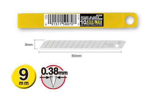 gbc Lama di ricambio Olfa ASB-10 altezza: 9mm, lunghezza: 80mm, spessore: 0,38mm. Fornito in scatola contenente 10 lamette con 12 settori tranciabili. Prodotto originale giapponese, MADE IN JAPAN.