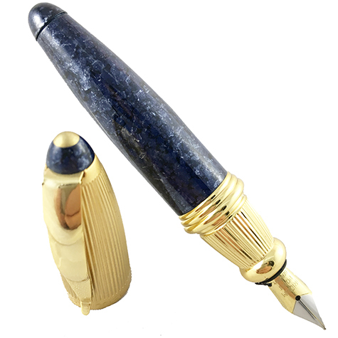 gbc Penna stilografica mini OSAMA BLU-ORO Pennino Iridium Point Germany originale. Fusto in resina acrilica, placcata in oro. Da collezione, Dimensioni: 15x95mm. completa di astuccio.