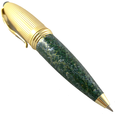 gbc Penna biro mini OSAMA VERDE-ORO Fusto in resina acrilica, placcata in oro. Da collezione, Dimensioni: 15x95mm. completa di astuccio.