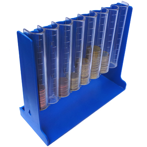 gbc Rendiresto da banco o da parete Euromoney con sistema di prelievo monete a scorrimento e 4 buchi per appensione a muro. Con 8 colonne per tutti i tagli con indicazione dellimporto contenuto. Comprensivo di coperchio con chiave antiscippo.