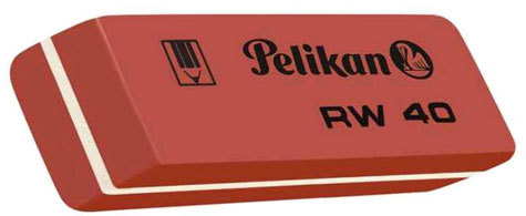 gbc Gomma Pelikan RW 40 Universale per tutte le superfici, ma anche ideale per cancellare tratti di matita nera dalle grandi superfici. Molto morbida. Forma a scalpello. Non intacca la carta.