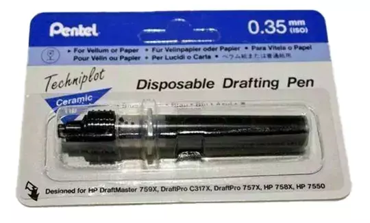 gbc Pentel Techniplot Cpv V35a Disposable Plotter Pen 0.35   NERO. Penna tubulare per plotter a china. Spessore punta 0,35mm. Per utilizzo su carta da plotter, carta da lucido, carta patinata. Adatta a plotter HP Draftmaster, DraftPro C317X, DraftPro 757X, HP 758X, HP 7550. Made in JAPAN.