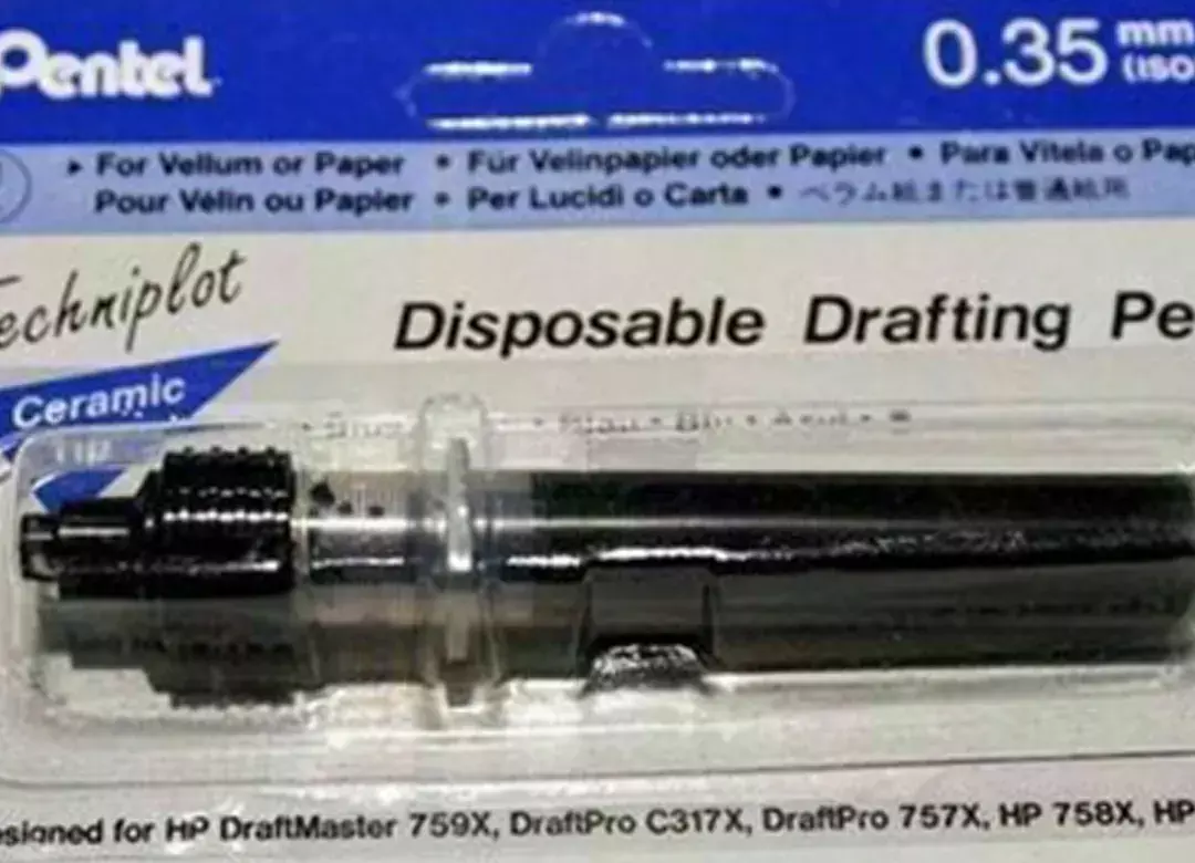 gbc Pentel Techniplot Cpv V35a Disposable Plotter Pen 0.35   NERO. Penna tubulare per plotter a china. Spessore punta 0,35mm. Per utilizzo su carta da plotter, carta da lucido, carta patinata. Adatta a plotter HP Draftmaster, DraftPro C317X, DraftPro 757X, HP 758X, HP 7550. Made in JAPAN.