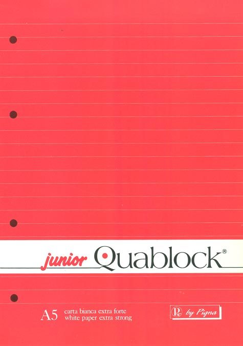 gbc Junior Quablock, blocco collato al lato + 4 fori, formato A5, 60 fogli da 70grammi righe da 8mm, carta bianca, copertina plastificata e sottoblocco in cartone rigido.