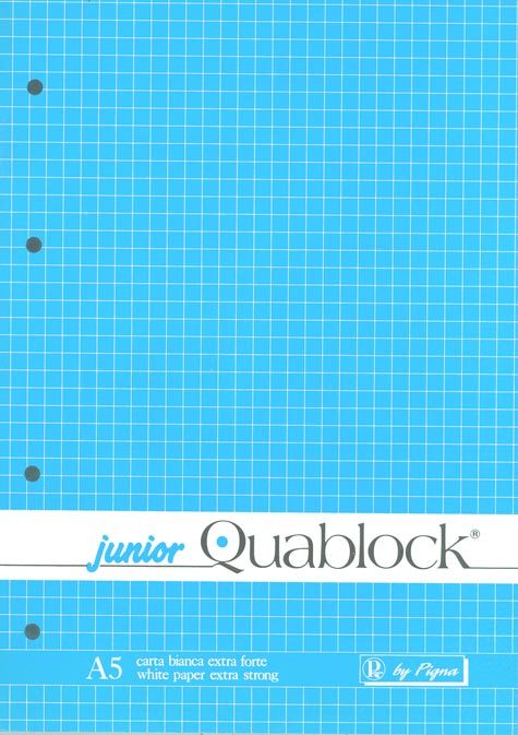 gbc BloccoCollato +4fori, A5, BIANCO quadro da 5mm, carta bianca, copertina plastificata e sottoblocco in cartone rigido. Junior Quablock. 60 fogli.