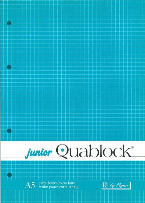 gbc Junior Quablock, blocco collato al lato + 4 fori, formato A5, 60 fogli da 70grammi quadro da 4mm, carta bianca, copertina plastificata e sottoblocco in cartone rigido.