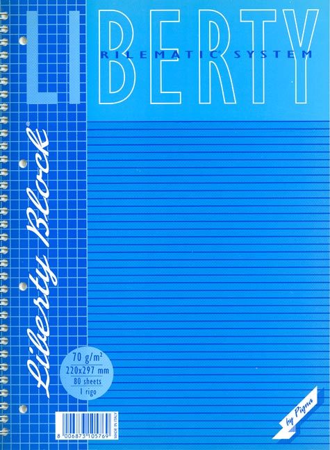 gbc Liberty Block, quaderno spiralato + 4 fori, formato A4, 80 fogli da 70grammi righe da 8mm, copertina plastificata e sottoblocco in cartone rigido..