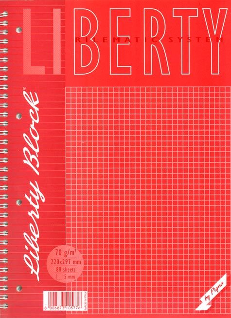 gbc Liberty Block, quaderno spiralato + 4 fori, formato A4, 80 fogli da 70 grammi quadro da 5mm, copertina plastificata e sottoblocco in cartone rigido..