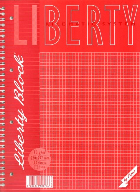 gbc Liberty Block, quaderno spiralato + 4 fori, formato A4, 80 fogli da 70 grammi quadro da 5mm, copertina plastificata e sottoblocco in cartone rigido..
