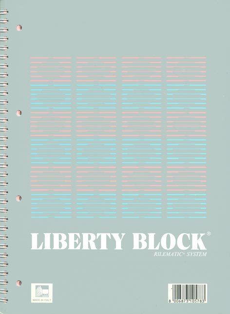 gbc Liberty Block, quaderno spiralato + 4 fori, formato A4, 80 fogli A+R da 70grammi righe da 8mm, copertina plastificata e sottoblocco in cartone rigido..