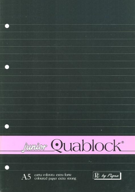 gbc Junior Quablock, blocco collato al lato + 4 fori, formato A5, 60 fogli da 70grammi righe da 8mm, carta rosa, copertina plastificata e sottoblocco in cartone rigido.
