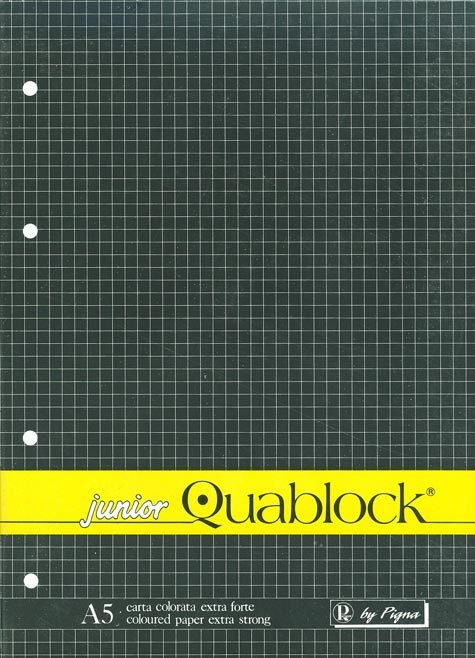 gbc Junior Quablock, blocco collato al lato + 4 fori, formato A5, 60 fogli da 70grammi quadro da 4mm, carta gialla, copertina plastificata e sottoblocco in cartone rigido.